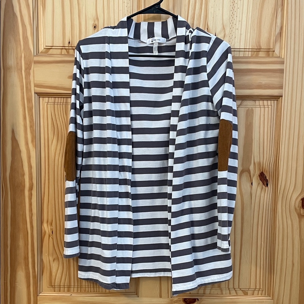 Striped Open-Front Cardigan with Elbow Patches